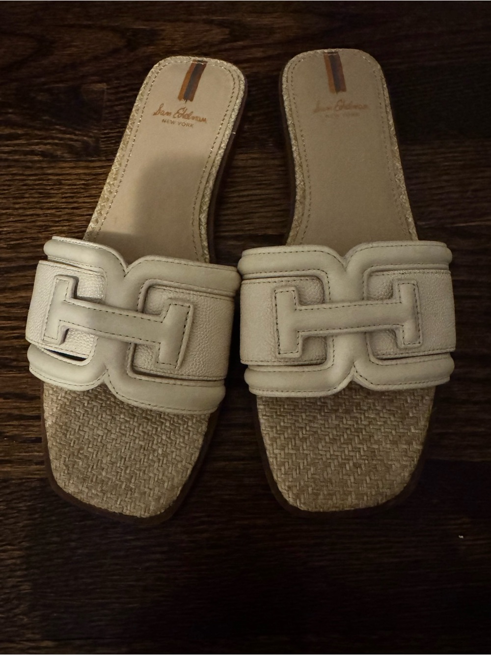 Sam Edelman Irina Double E Raffia Leather Slide Sandals Ivory - Picture 2 of 4